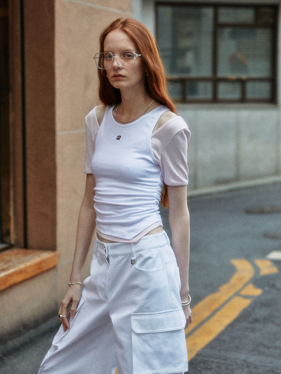RASPAIL Double-Layered Cut-Out Contrast Jersey Top_White+Pink